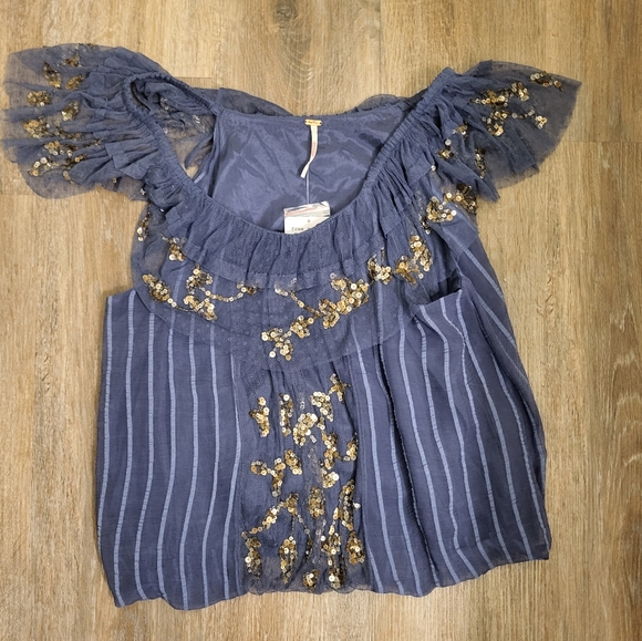 Free People Wild Moon Top Size Small Blue With Gold Sequins - Picture 3 of 9